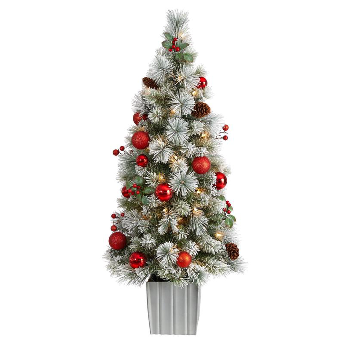 4 Winter Flocked Christmas Tree Pre-Lit with 50 Lights and Ornaments in Decorative Planter
