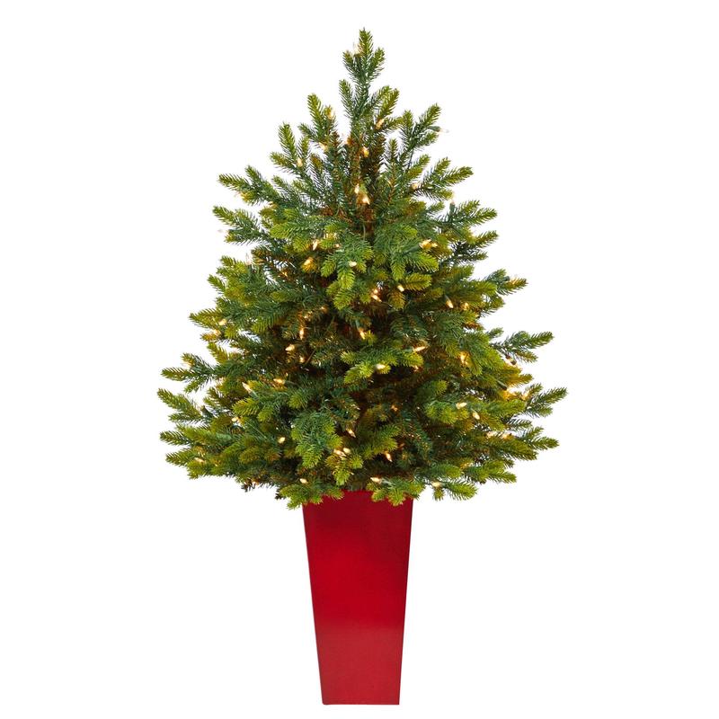 44 North Carolina Fir Artificial Christmas Tree with 150 Clear Lights and 563 Bendable Branches in Red Tower Planter