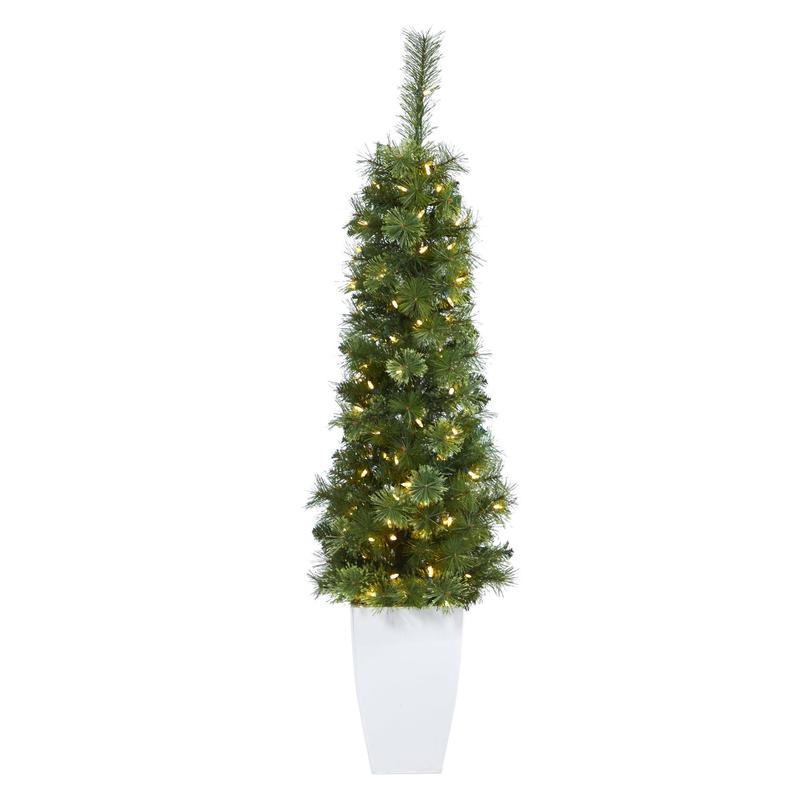 50 Green Pencil Artificial Christmas Tree with 100 Clear (Multifunction) LED Lights and 140 Bendable Branches in White Metal Planter