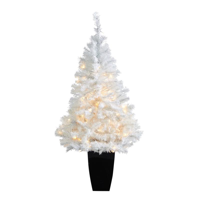 50 White Artificial Christmas Tree with 100 Clear LED Lights in Black Metal Planter