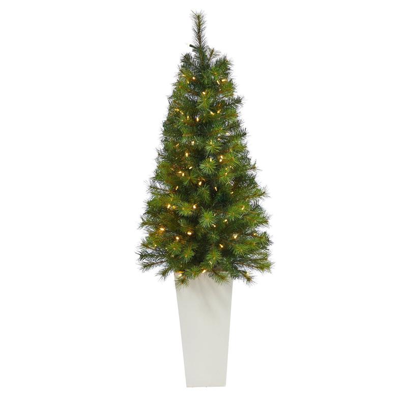 57 Green Valley Pine Artificial Christmas Tree with 100 Warm White LED Lights and 201 Bendable Branches in Tall White Planter