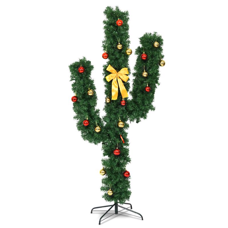 6 ft Artificial Cactus PVC Christmas Tree, LED Lights, Ball Ornaments, Green