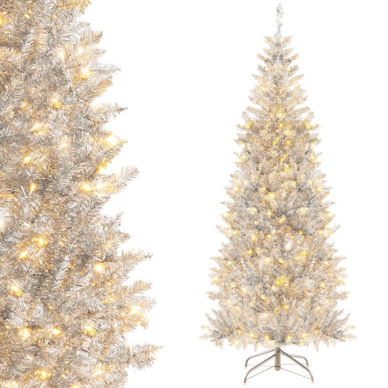 6 Ft Pre-Lit Artificial Tinsel Christmas Tree, 790 Branch Tips, 300 LED Lights, Silver - Silver