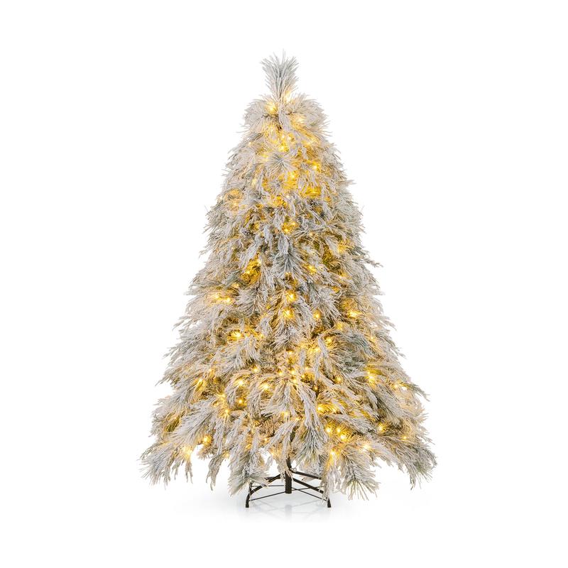 6 Ft Pre-Lit Snow Flocked Christmas Tree, Warm White LED Lights, White - White