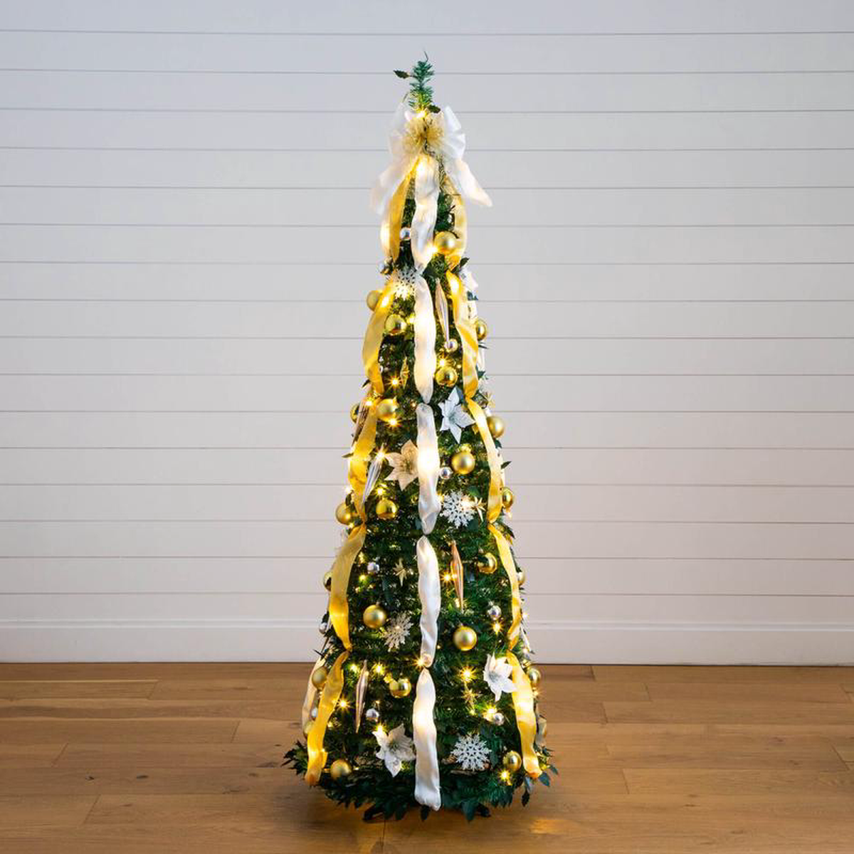 68217 Pre-Lit Artificial Pop up Christmas Tree with Gold 038 Silver Ornaments Ribbons and 150 Warm White LED Lights