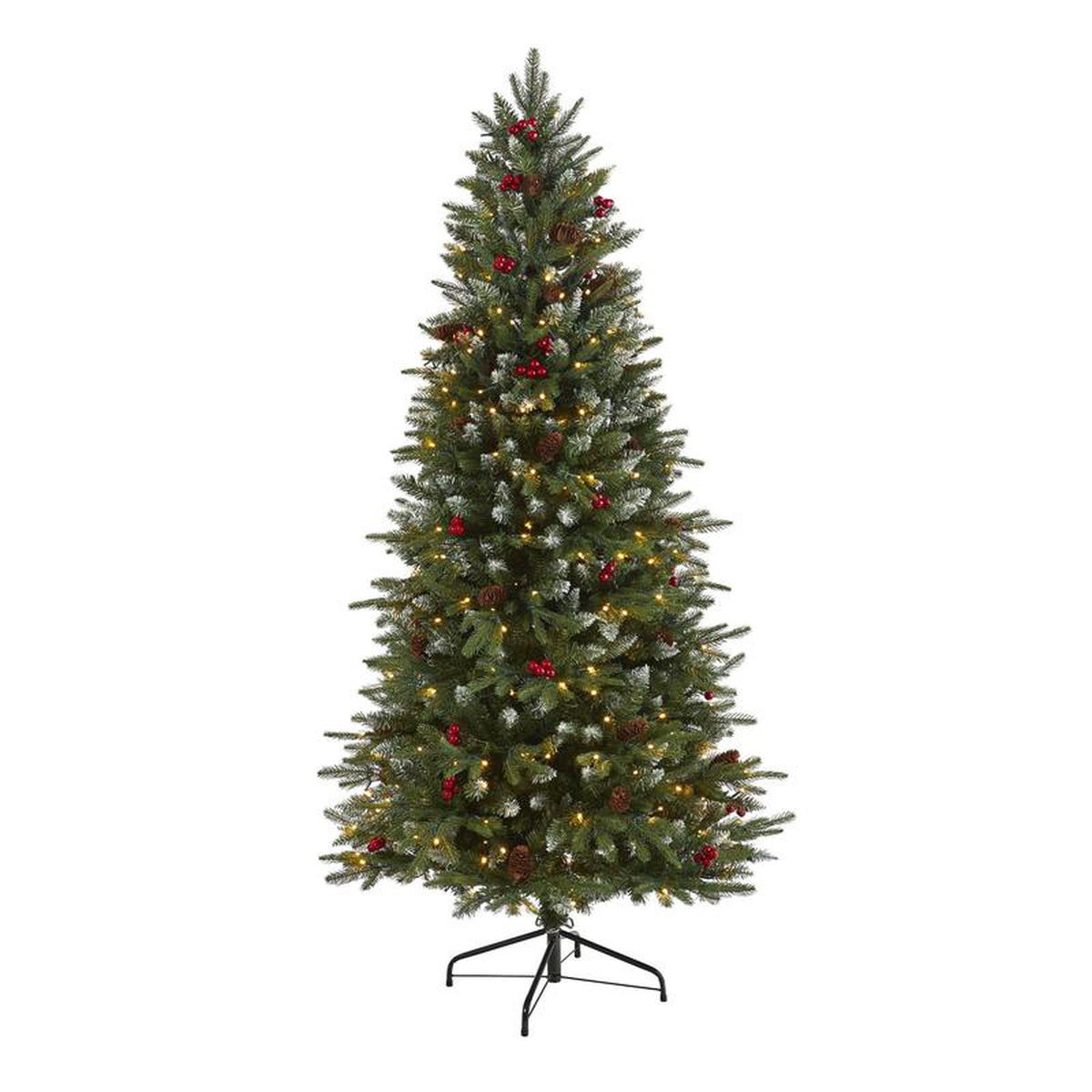 68242 Snow Tipped Portland Spruce Artificial Christmas Tree with Frosted Berries and Pinecones with 300 Clear LED Lights
