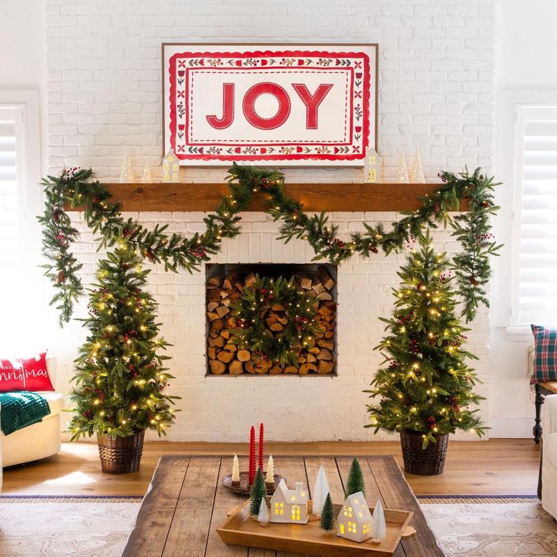 Pre-Lit Artificial Christmas Holiday 5 Piece Bundle with Pinecones & Berries- Set of 2 5' Christmas Trees, 24-in Wreath and set of 2 9-ft Garlands