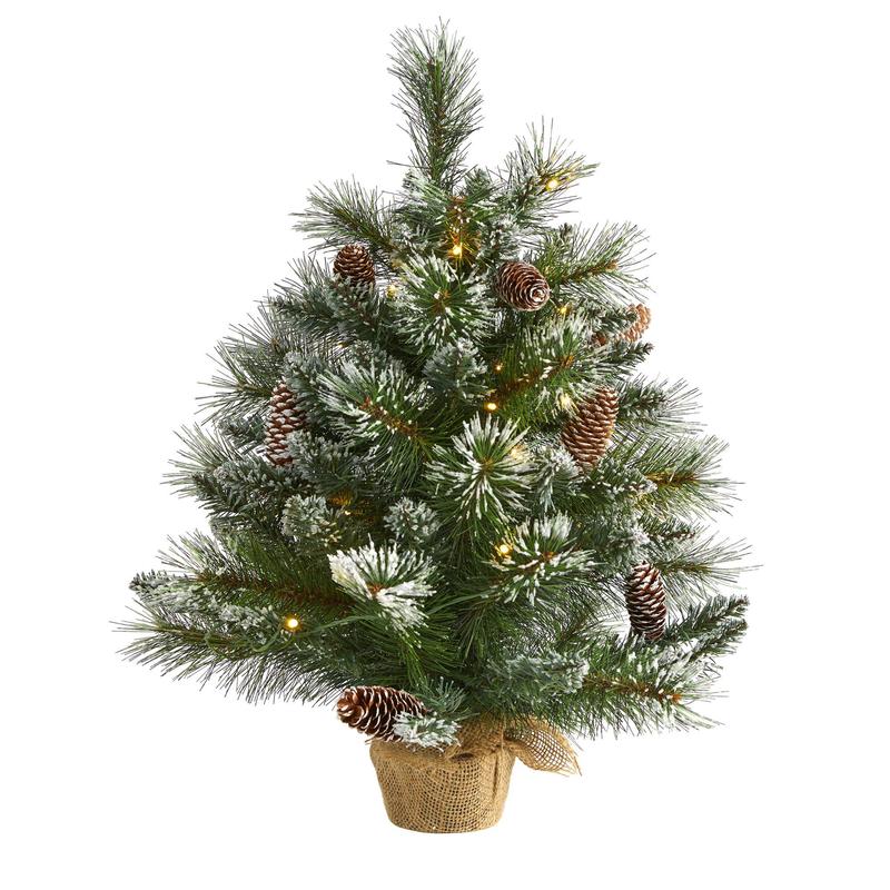 2 Frosted Pine Artificial Christmas Tree with 35 Clear LED Lights, Pinecones and Burlap Base