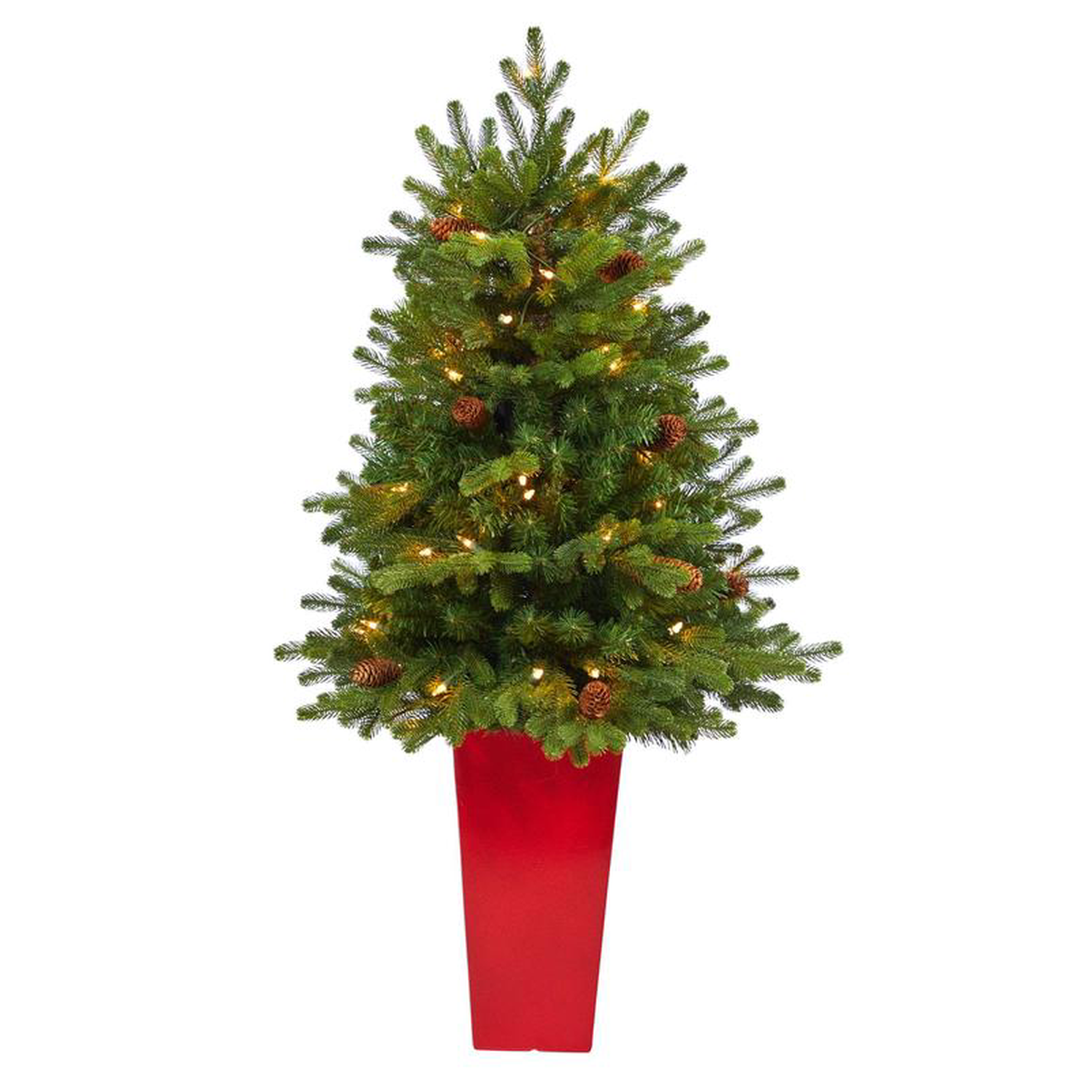 35 Yukon Mountain Fir Artificial Christmas Tree with 50 Clear Lights and Pine Cones in Red Planter