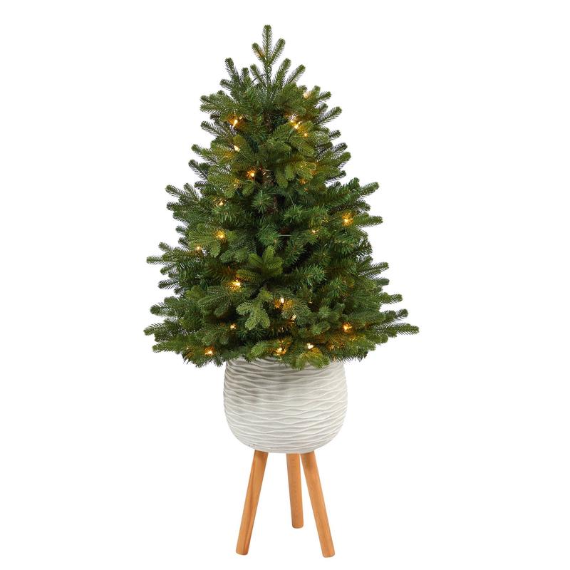 4 Washington Fir Artificial Christmas Tree with 50 Clear Lights in White Planter with Decorative Planter Stand