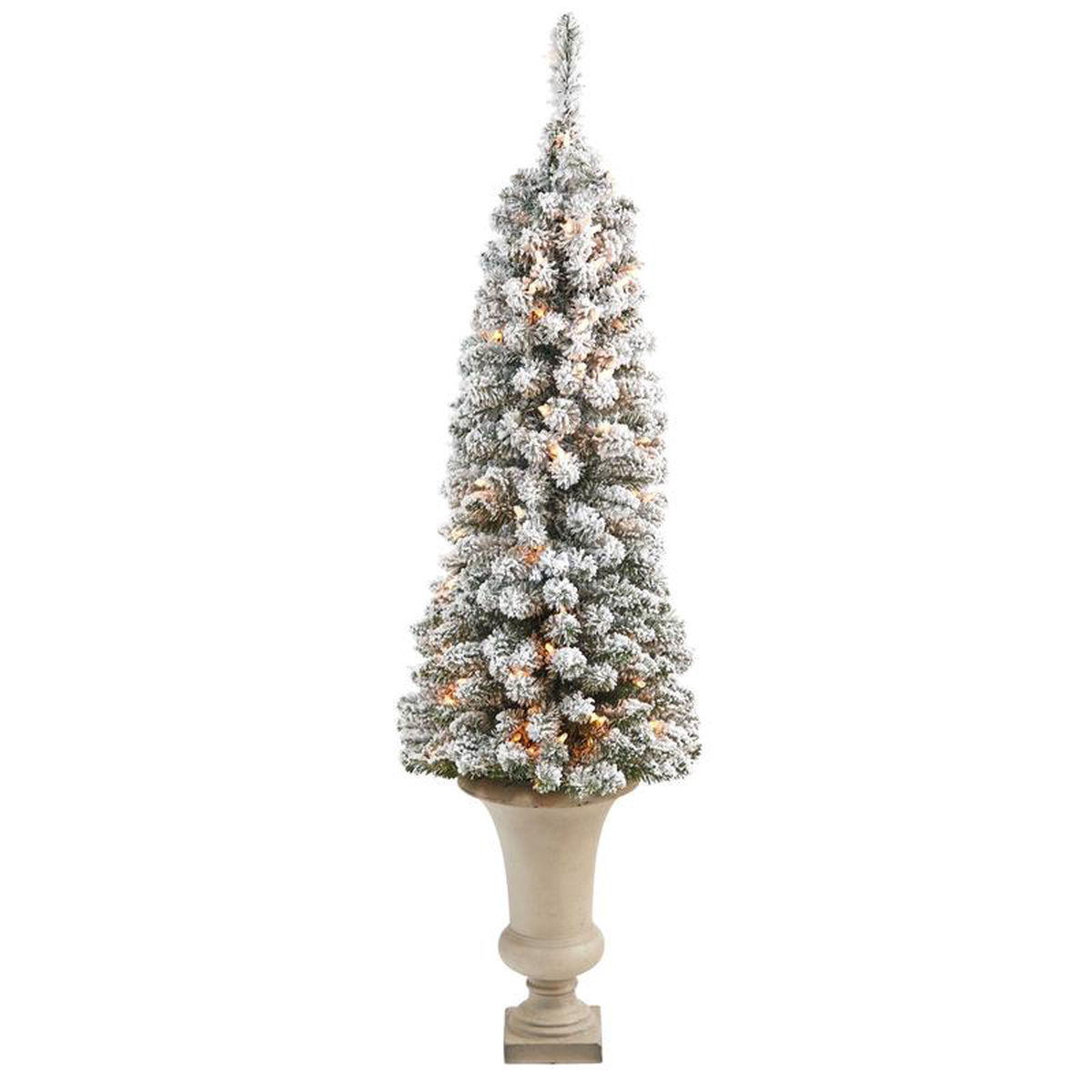 45 Flocked Pencil Artificial Christmas Tree with 100 Clear Lights and 216 Bendable Branches in Sand Colored Urn
