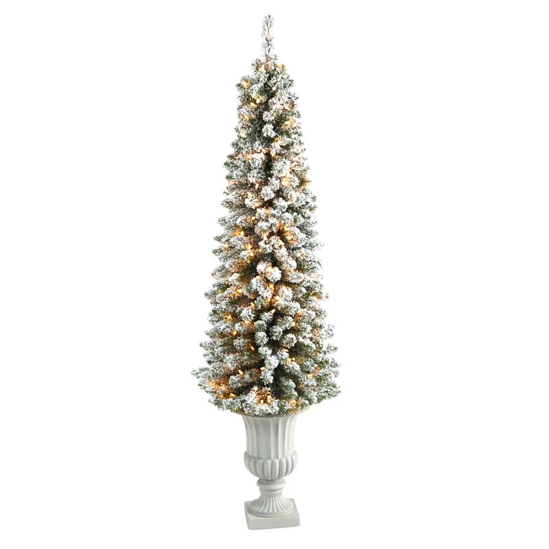 5.5 Flocked Pencil Artificial Christmas Tree with 200 Clear Lights and 318 Bendable Branches in Decorative Urn