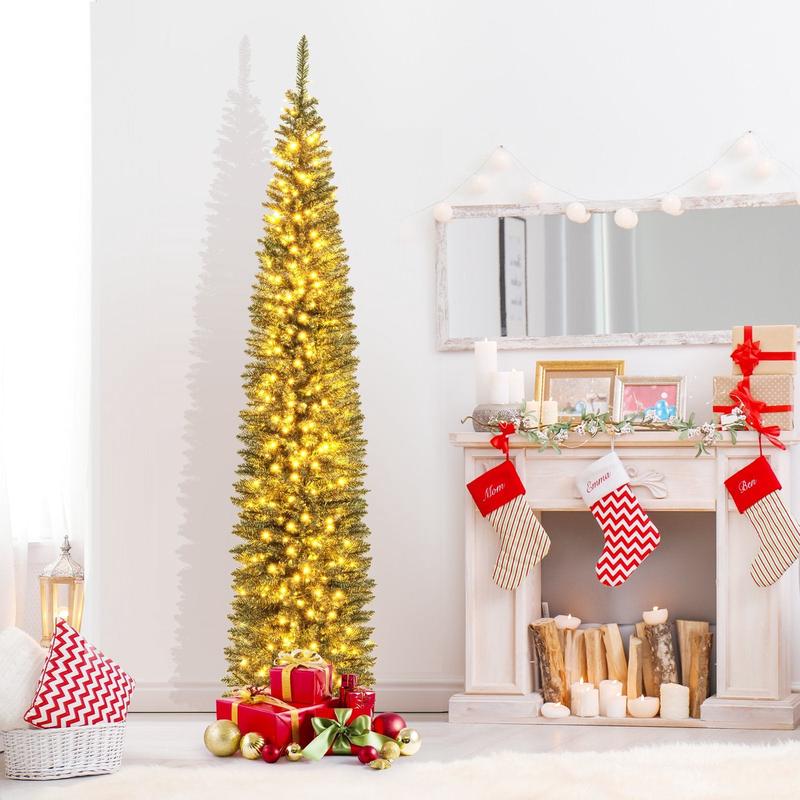 5/6/7/8/9 Feet Pre-lit Pencil Artificial Christmas Tree with 150/180/200//300/400 Warm White LED Lights-9 ft