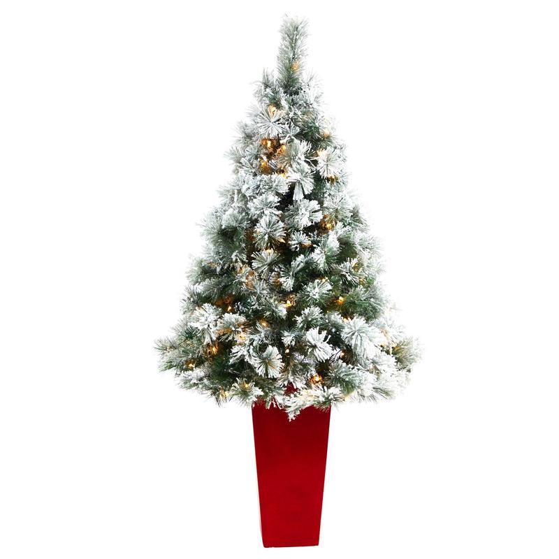 5 Flocked Oregon Pine Artificial Christmas Tree with 100 Clear Lights and 215 Bendable Branches in Red Tower Planter