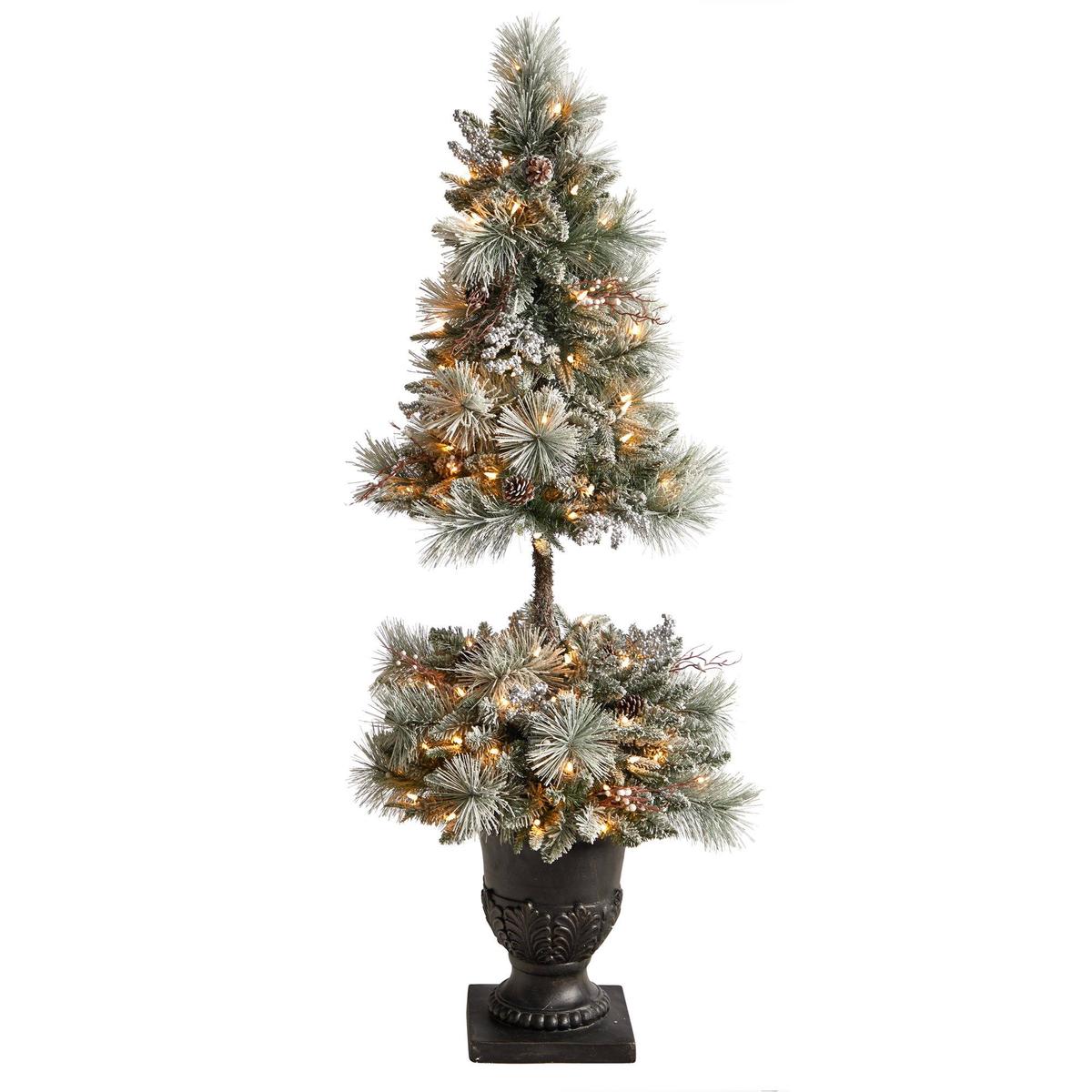 5 Flocked Porch Christmas Tree with 100 LED Lights and 186 Bendable Branches in Decorative Urn