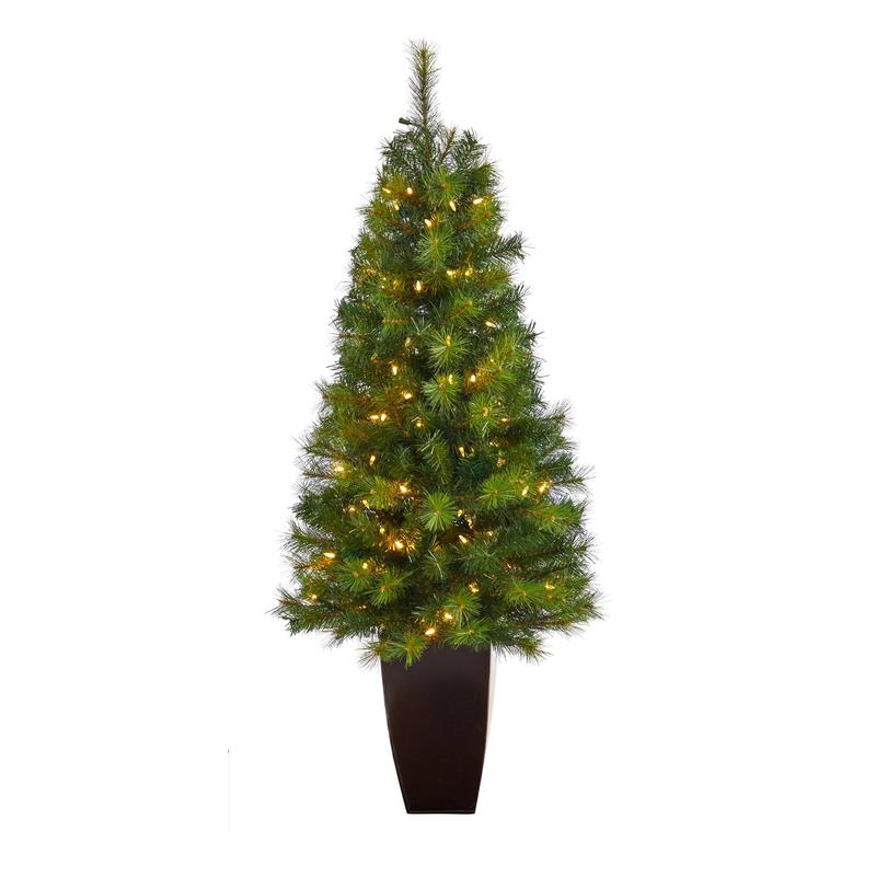 5 Green Valley Pine Artificial Christmas Tree with 100 Warm White LED Lights and 201 Bendable Branches in Bronze Metal Planter