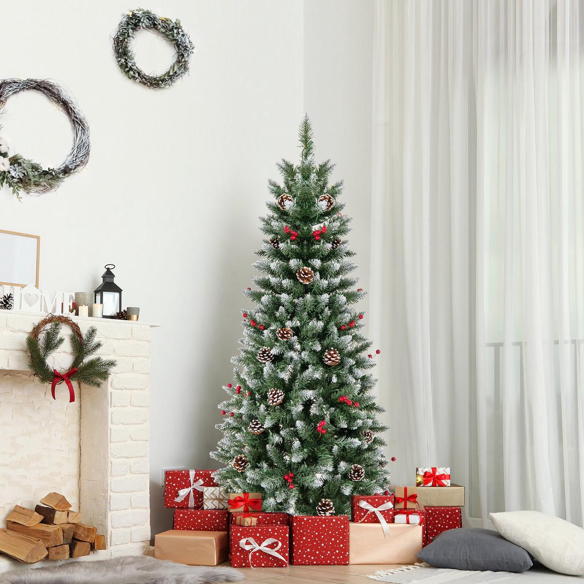 - 5  Pre-lit Artificial Pencil Christmas Tree with Pine Cones and Red Berries-5 ft