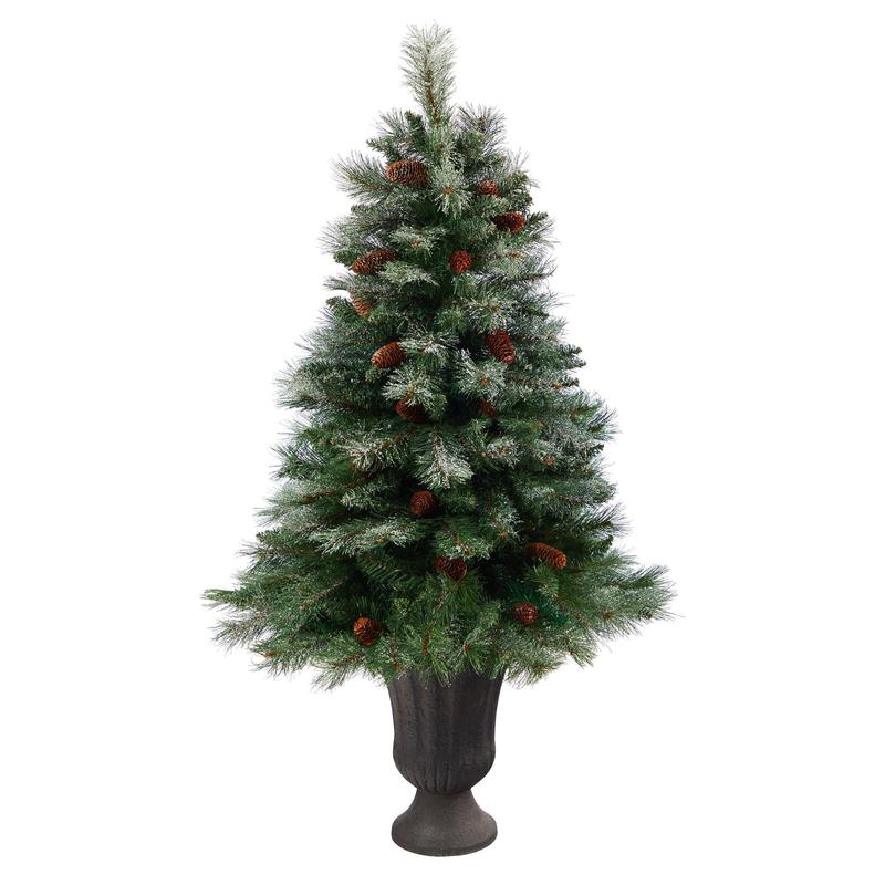 50 Snowed French Alps Mountain Pine Artificial Christmas Tree with 237 Bendable Branches and Pine Cones in Charcoal Planter