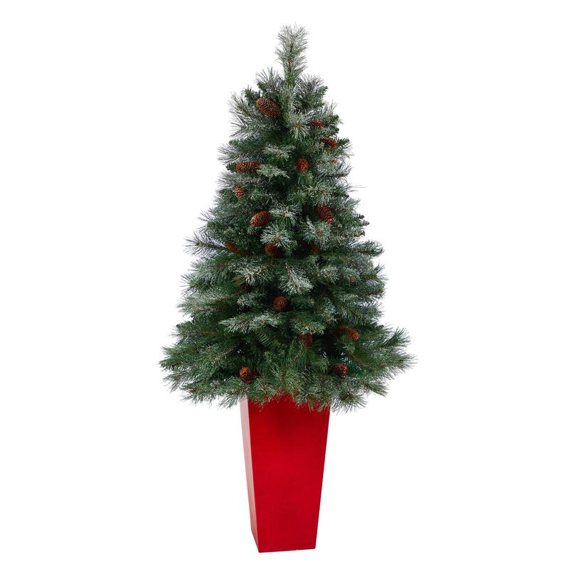 55 Snowed French Alps Mountain Pine Artificial Christmas Tree with 237 Bendable Branches and Pine Cones in Red Tower Planter