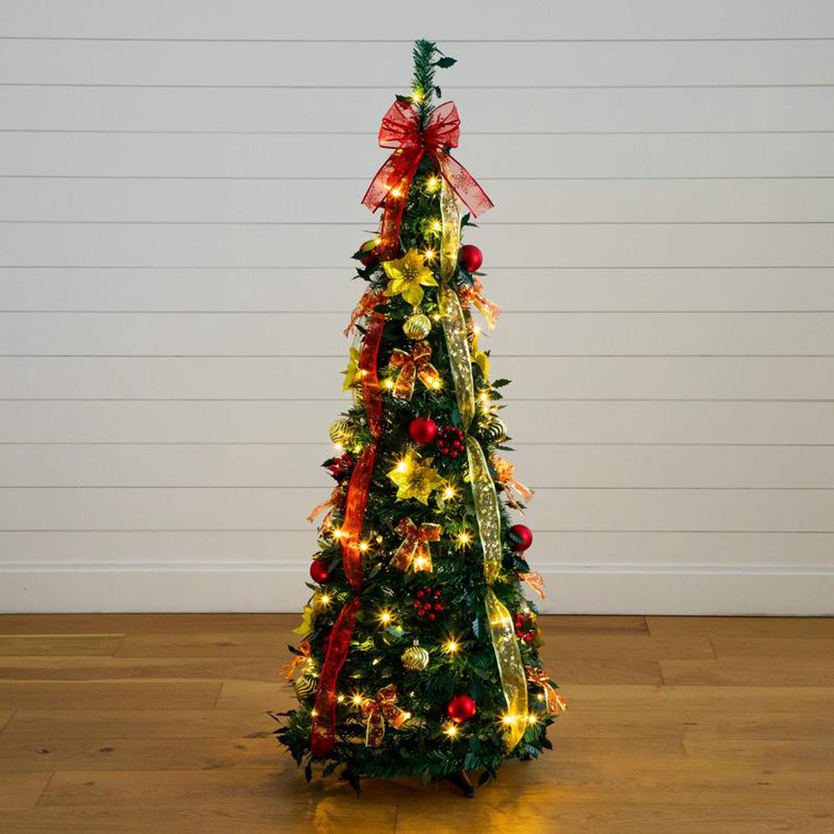 58242 Pre-Lit Artificial Pop up Christmas Tree with Red 038 Gold Ornaments Ribbons and 100 Warm White LED Lights