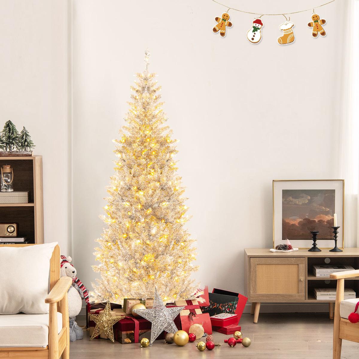 6/7  790  300  LED  - 6  6/7 FT Pre-Lit Artificial Silver Tinsel Xmas Tree with 790 Branch Tips and 300 LED Lights-6 ft