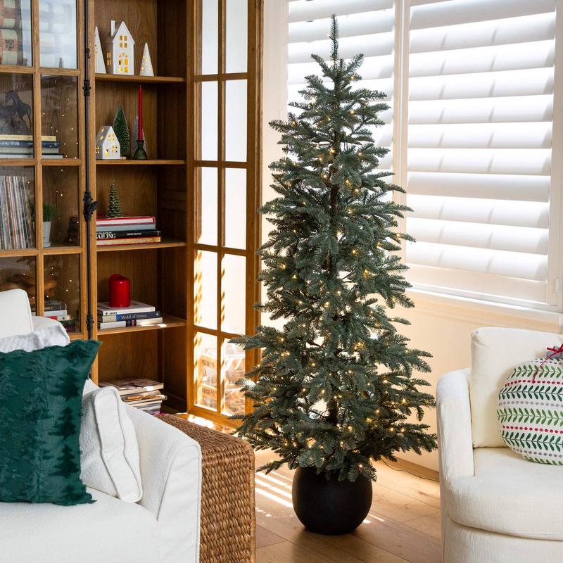 6' Pre-Lit Artificial Pine Christmas Tree in Round Black Decorative Planter with 60 Warm White LED Lights