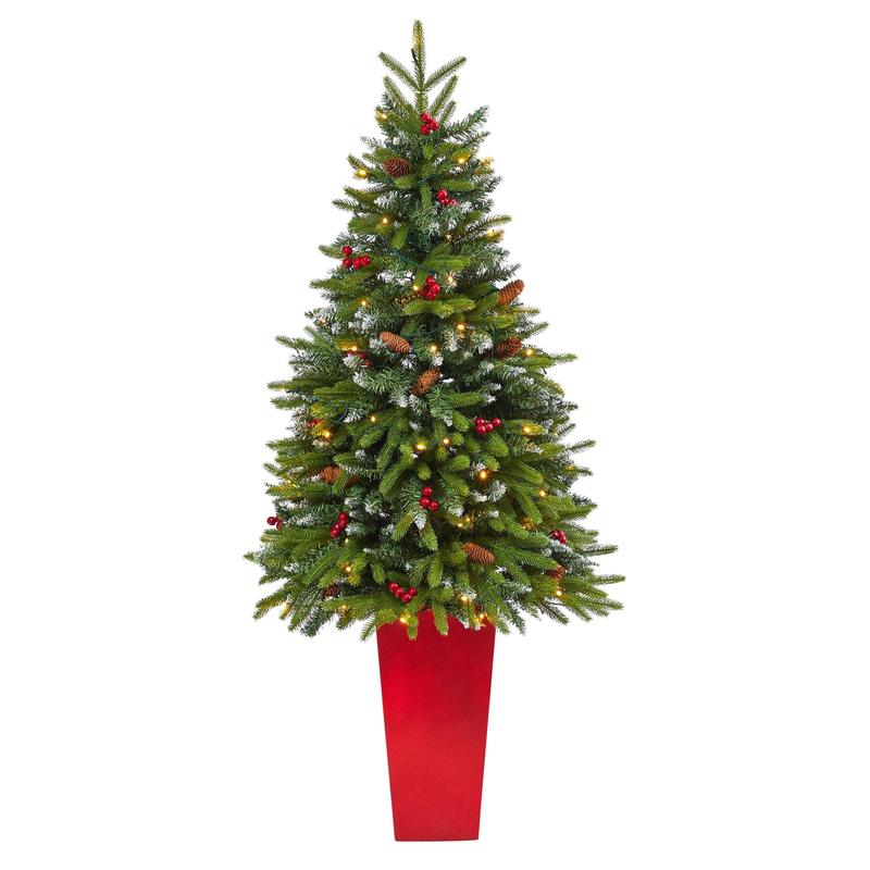 62 Snow Tipped Portland Spruce Artificial Christmas Tree with Frosted Berries and Pinecones with 100 Clear LED Lights in Red Tower Planter