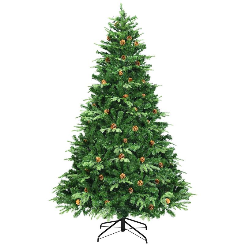 7.5 ft Artificial Christmas Tree, LED Lights, Pine Cones, Green - Green