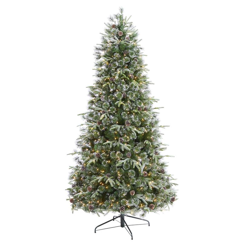7.5 Snowed Tipped Clermont Mixed Pine Artificial Christmas Tree with 600 Clear LED Lights, Pine Cones and 1784 Bendable Branches