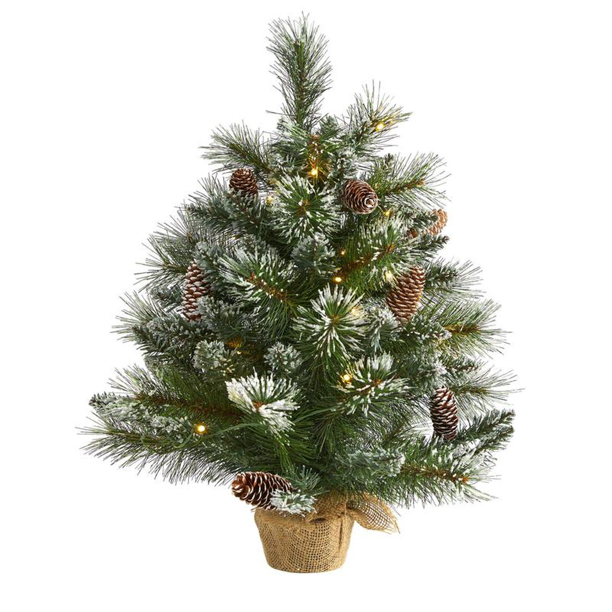 2 Frosted Pine Artificial Christmas Tree with 35 Clear LED Lights Pinecones and Burlap Base