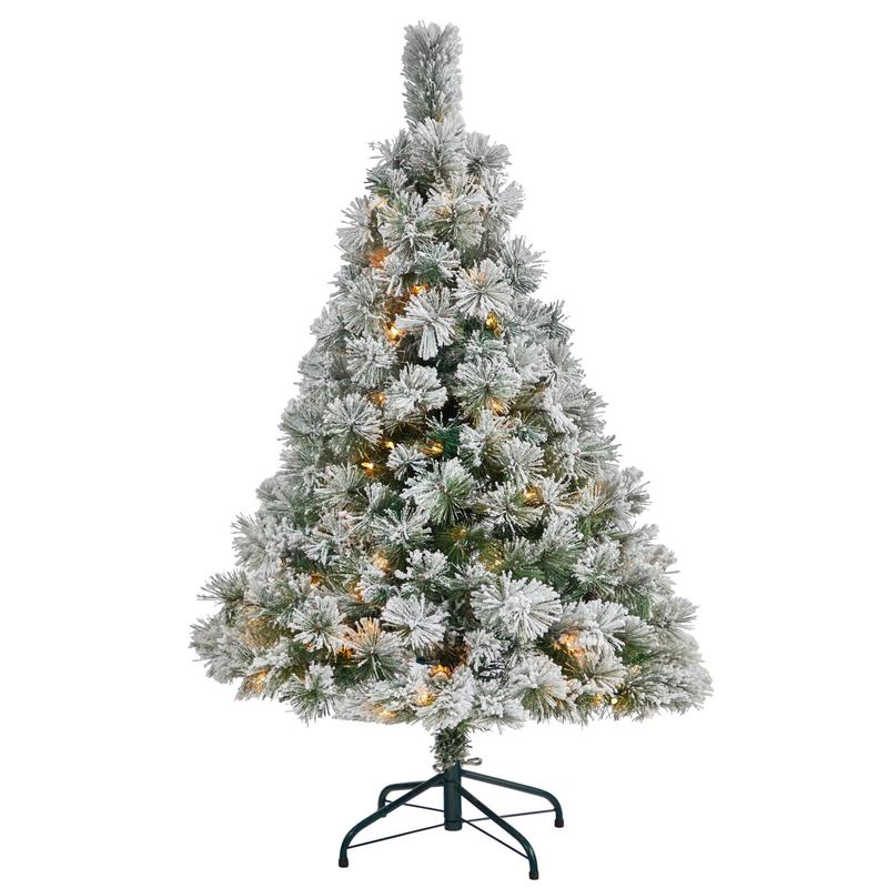 4 Flocked Oregon Pine Artificial Christmas Tree with 100 Clear Lights and 215 Bendable Branches