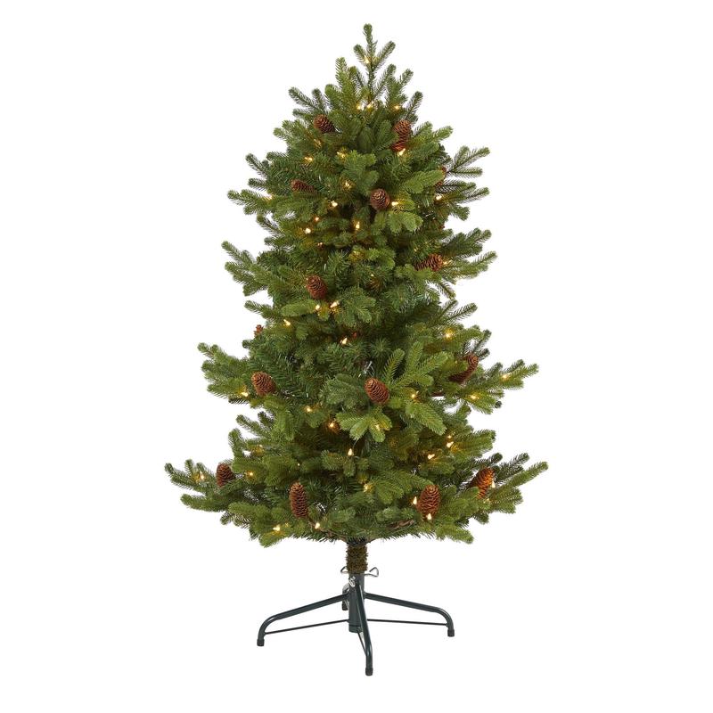 4 Yukon Mountain Fir Artificial Christmas Tree with 100 Clear Lights, Pine Cones and 386 Bendable Branches