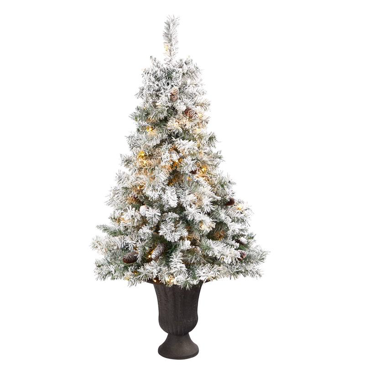 458217 Flocked White River Mountain Pine Artificial Christmas Tree with Pinecones and 100 Clear LED Lights in Charcoal Urn