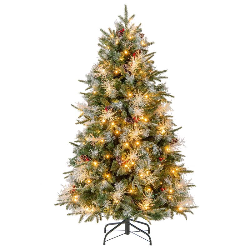 5 Feet Pre-Lit Artificial Christmas Tree, LED Lights, Berries, Green - Green