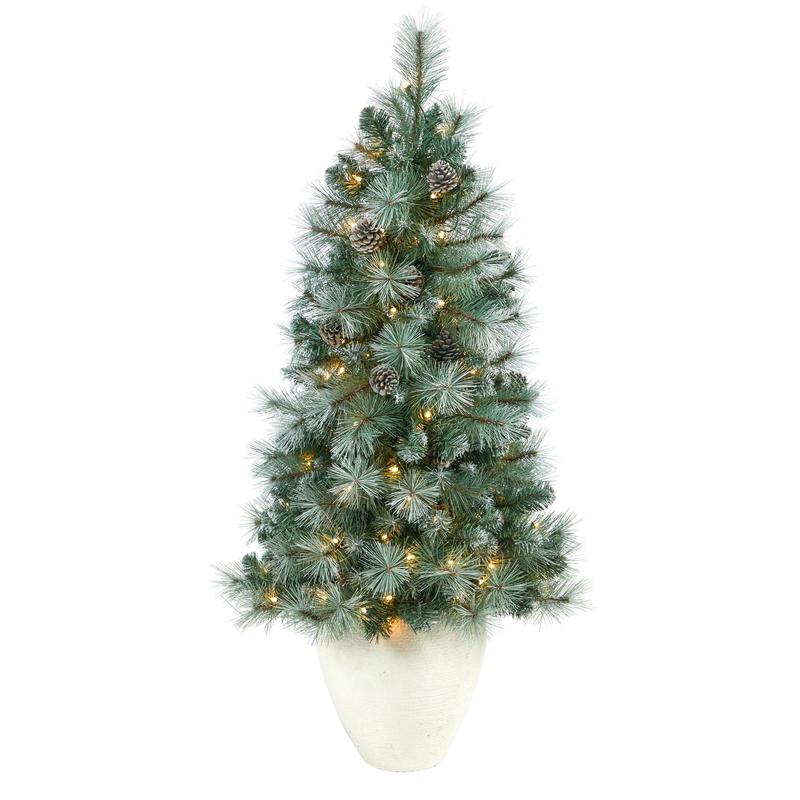 50 Frosted Tip British Columbia Mountain Pine Artificial Christmas Tree with 100 Clear Lights, Pine Cones and 228 Bendable Branches in White Planter