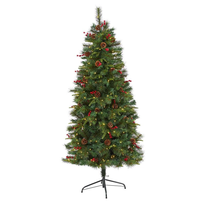 6 Mixed Pine Artificial Christmas Tree with 250 Clear LED Lights, Pine Cones and Berries