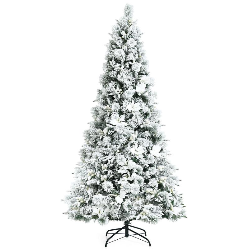 7 Feet Snow Flocked Christmas Tree, Poinsettia Flowers, White