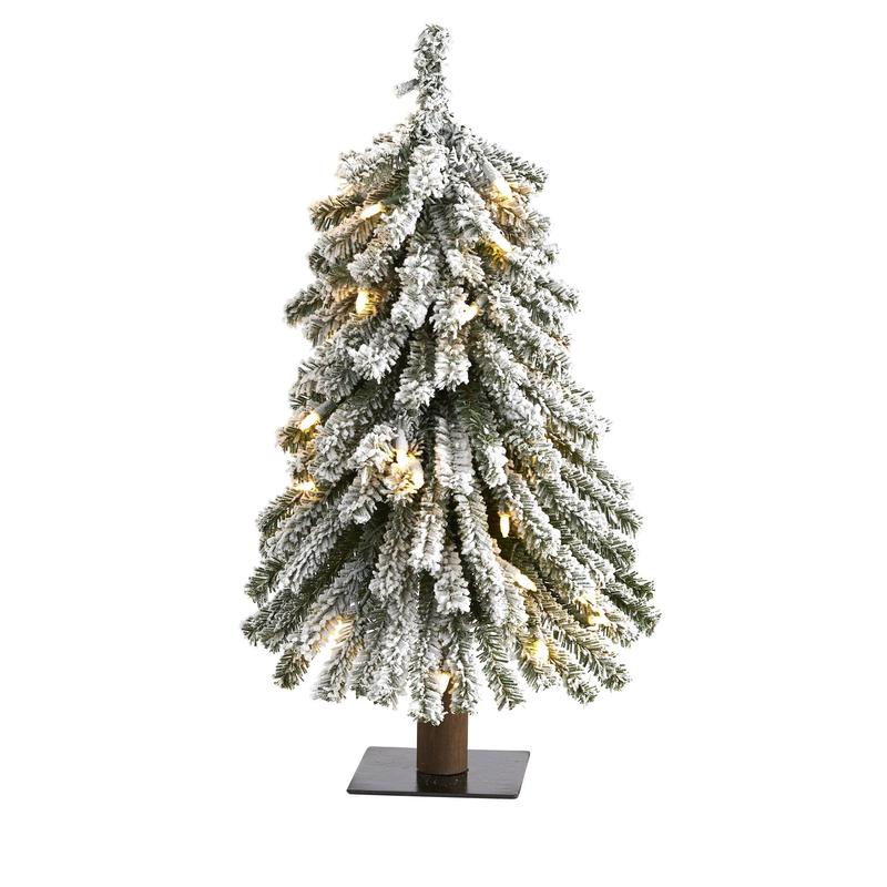 2 Flocked Grand Alpine Artificial Christmas Tree with 35 Clear Lights and 111 Bendable Branches on Natural Trunk