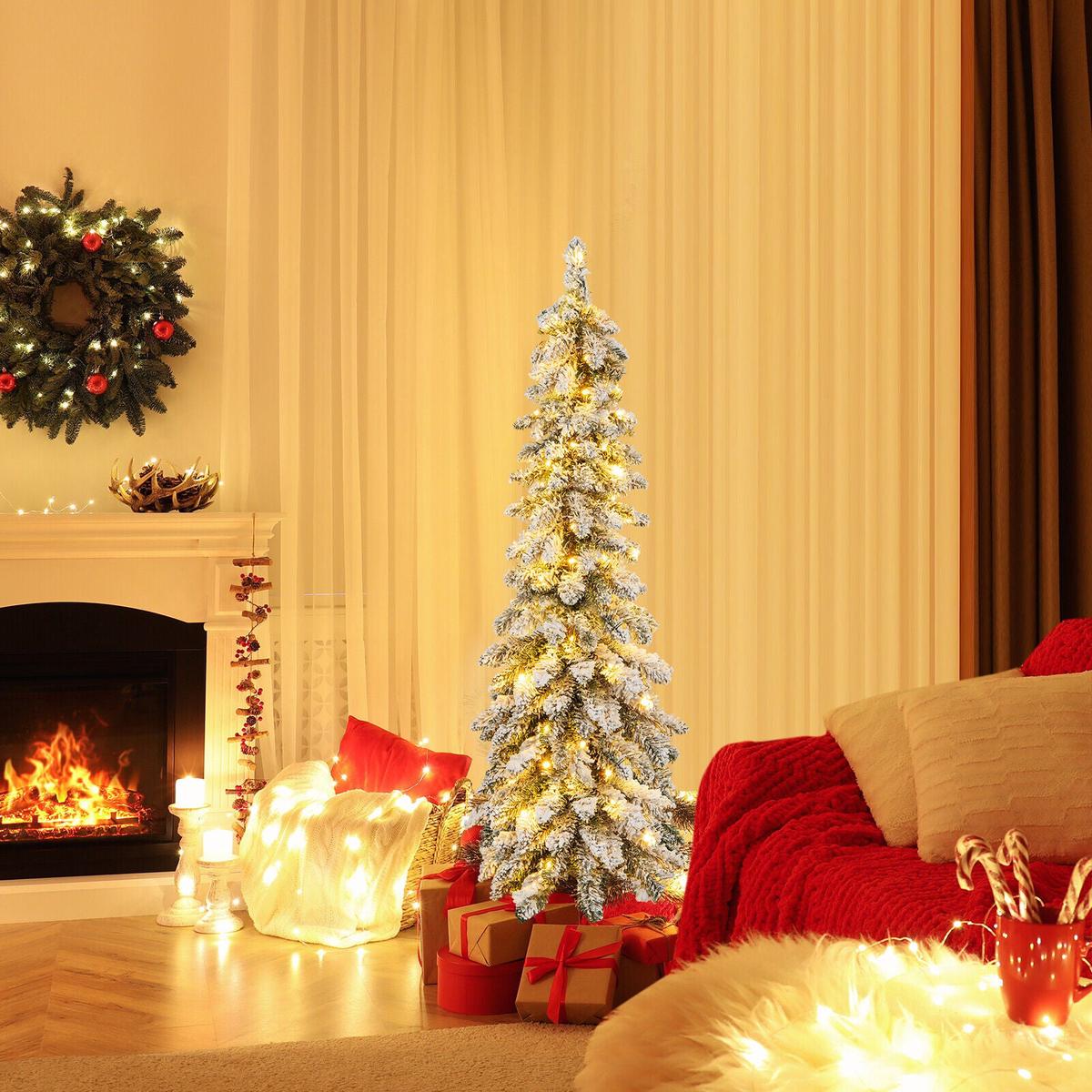 4  4 Feet Pre-Lit Artificial Christmas Tree Snow-Flocked Slim Pencil Xmas Decor
