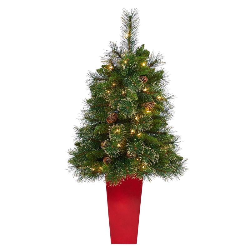 44 Golden Tip Washington Pine Artificial Christmas Tree with 50 Clear Lights, Pine Cones and 148 Bendable Branches in Red Tower Planter