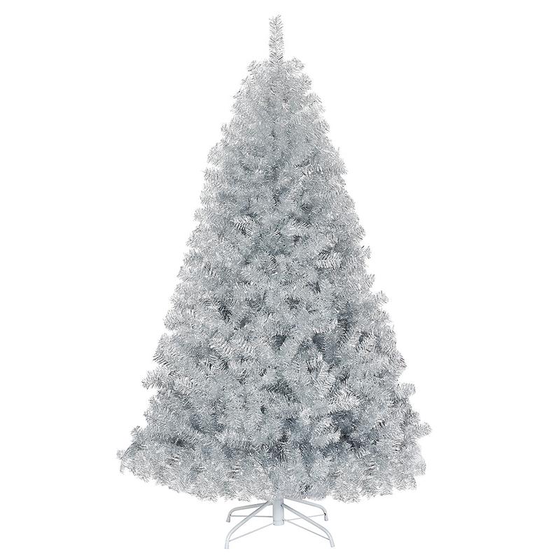 6 Feet Hinged Artificial Silver Tinsel Christmas Tree, Metal Stand - Silver