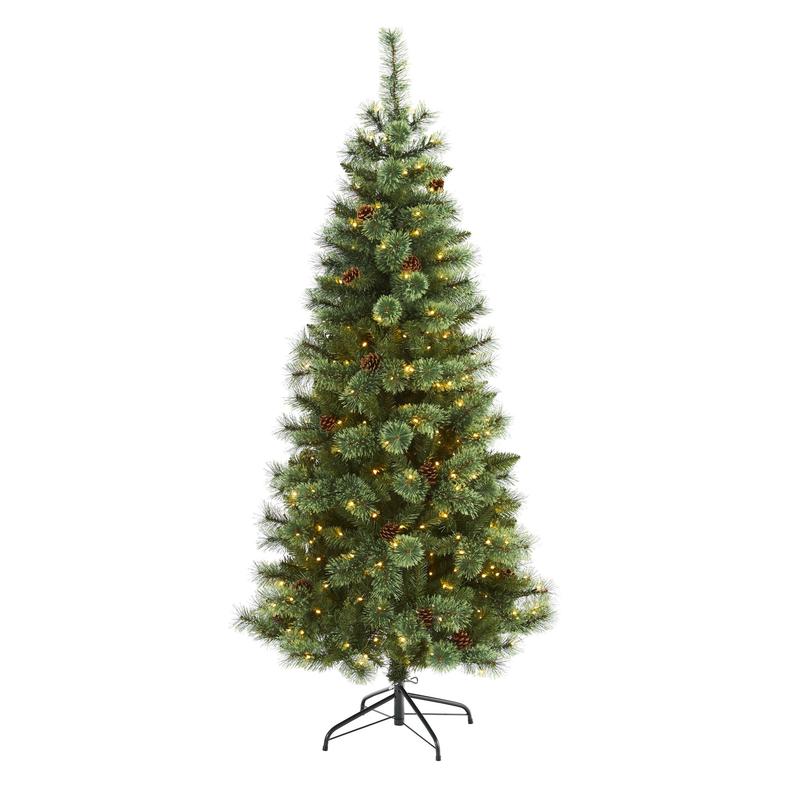 6 White Mountain Pine Artificial Christmas Tree with 300 Clear LED Lights and Pine Cones