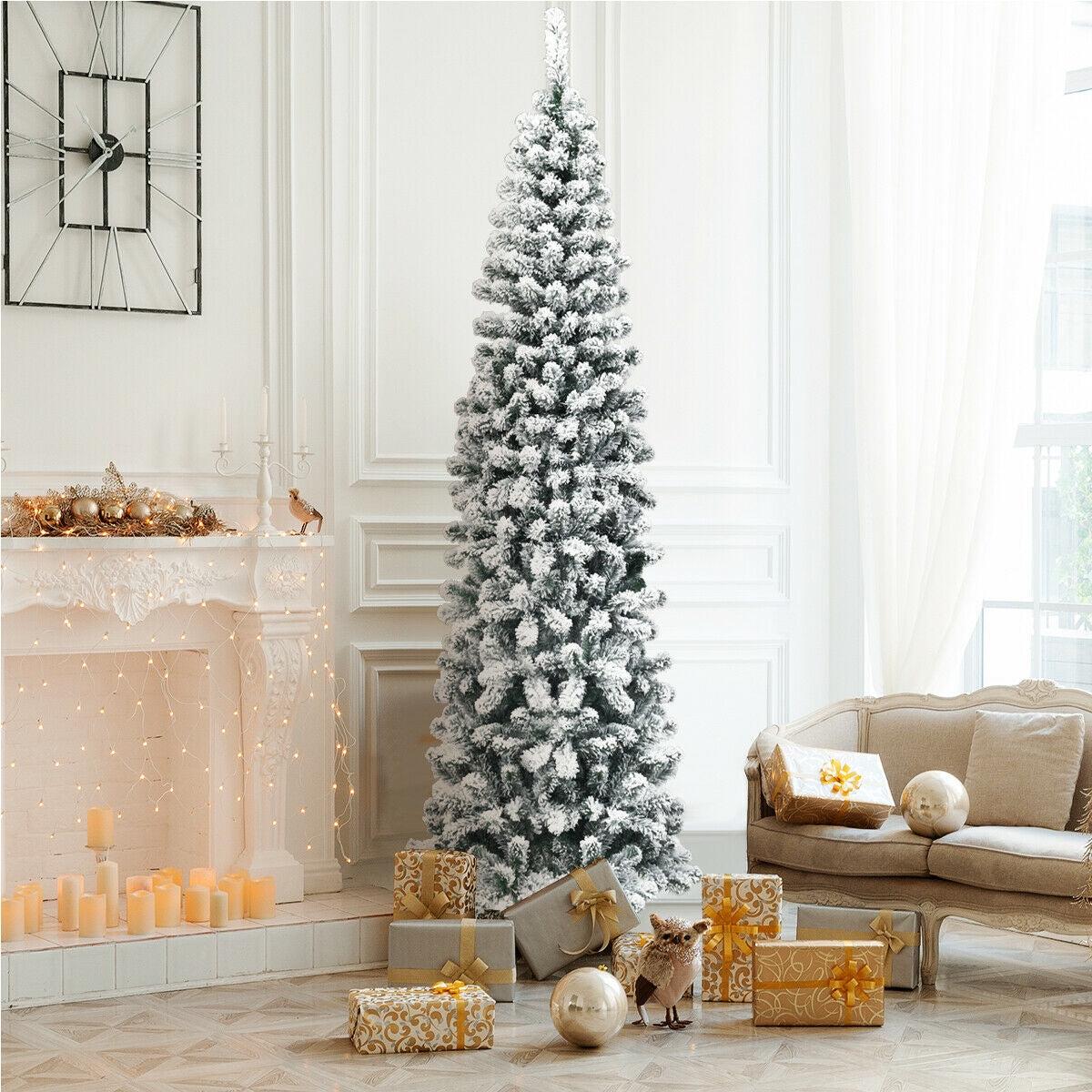 7.5  641  7.5 Feet Unlit Hinged Snow Flocked Artificial Pencil Christmas Tree with 641 Tips