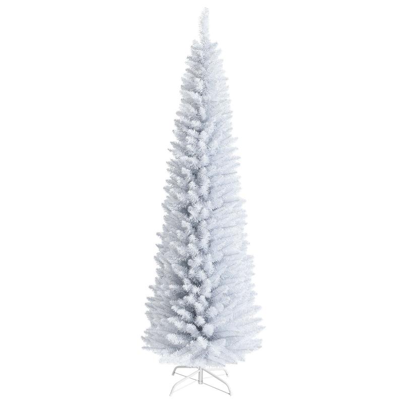 7 Feet Slim Artificial Christmas Pencil Tree, Metal Stand, White