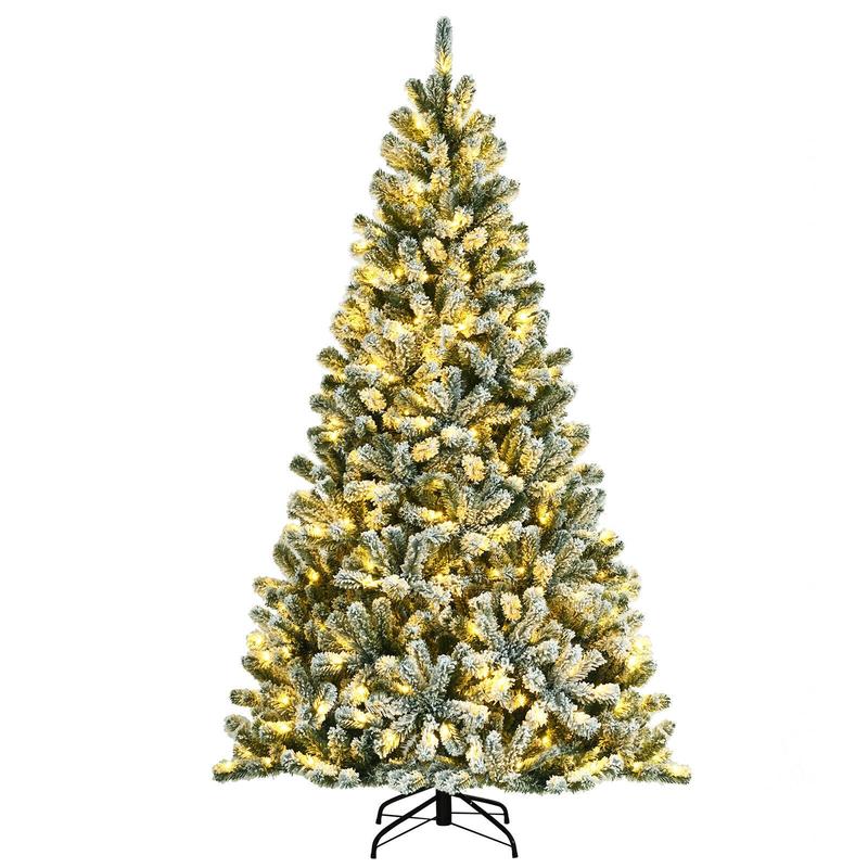 7 ft Pre-Lit Snow Flocked Hinged Christmas Tree, 1116 Tips, Metal Stand, Green