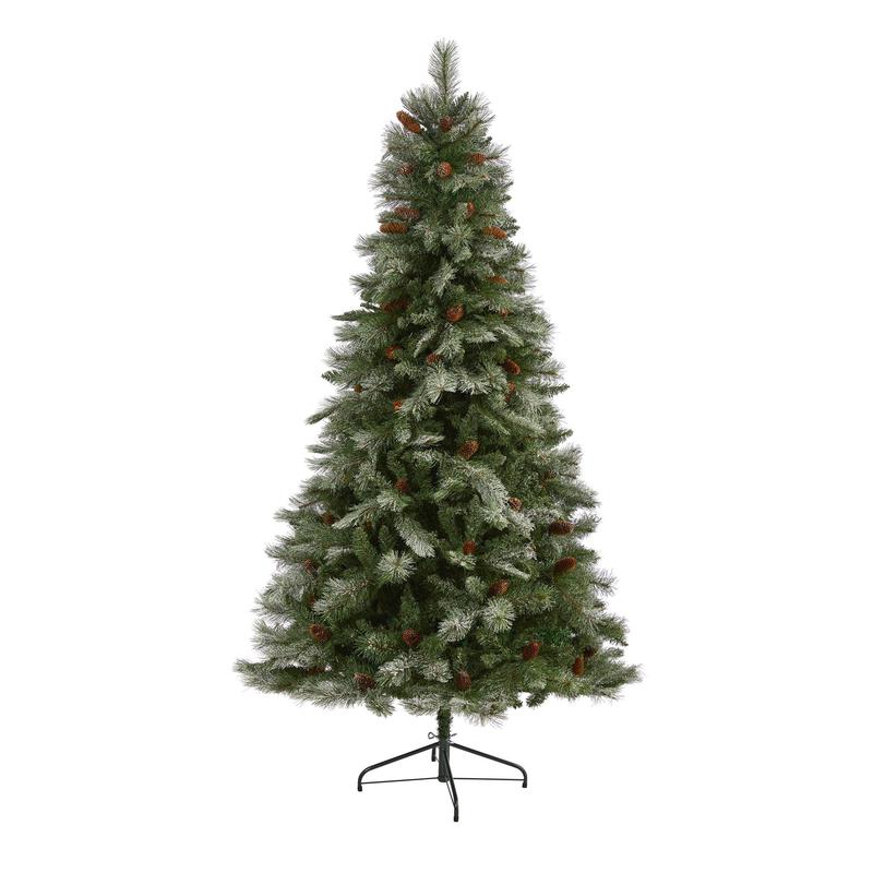 7 Snowed French Alps Mountain Pine Artificial Christmas Tree with 833 Bendable Branches and Pine Cones
