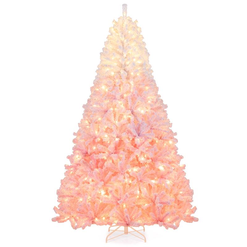 8 Feet Artificial Christmas Tree With Warm White LED Lights, Pink