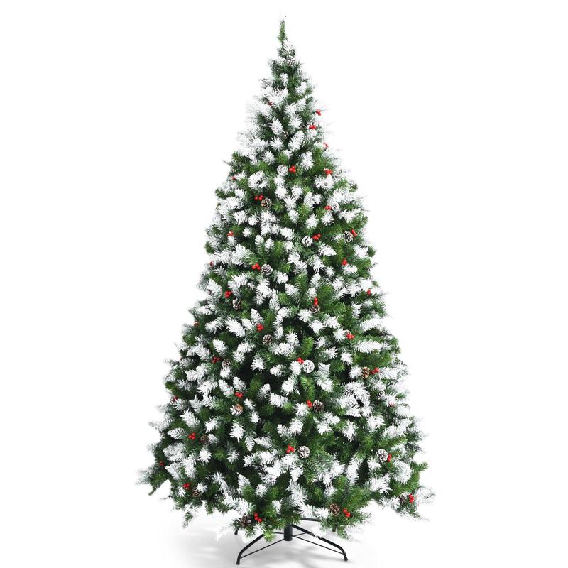 Pre-Lit Snow Flocked Christmas Tree, Red Berries LED Lights, 7.5 Feet, Green