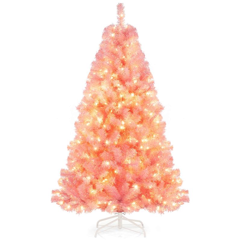 Pre-Lit Tinsel Christmas Tree, Artificial Xmas Tree, Lush Branch Tips, 6ft, Pink - Pink