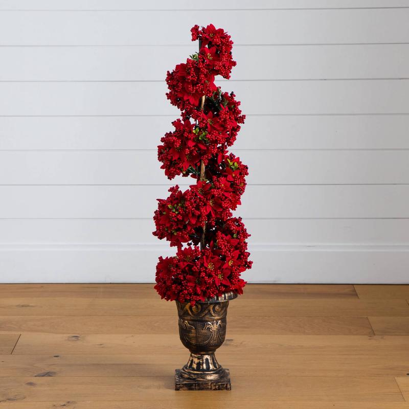 3' Pre-Lit Artificial Christmas Poinsettias and Berries Spiral Topiary Tree with 30 Warm White LED Lights
